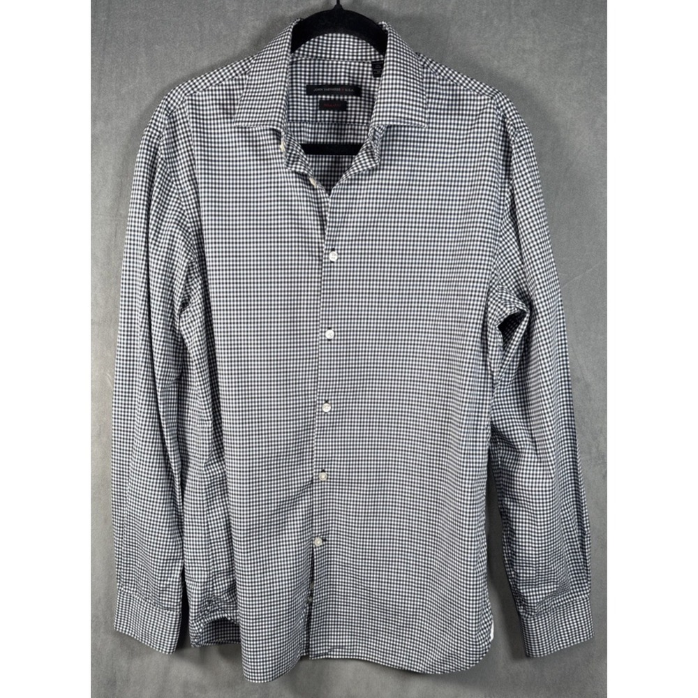 John Varvatos Men Blue Black Check 15‎ 1/2 34-35 Regular Button Up Shirt Stretch